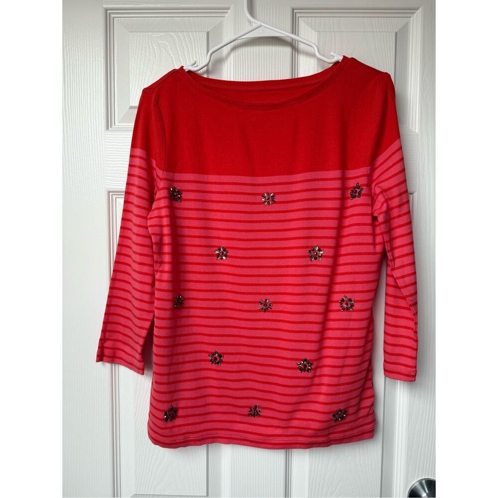Talbots Blouse Medium Womens Red Pink Jewel Stripe Valentine's Day
